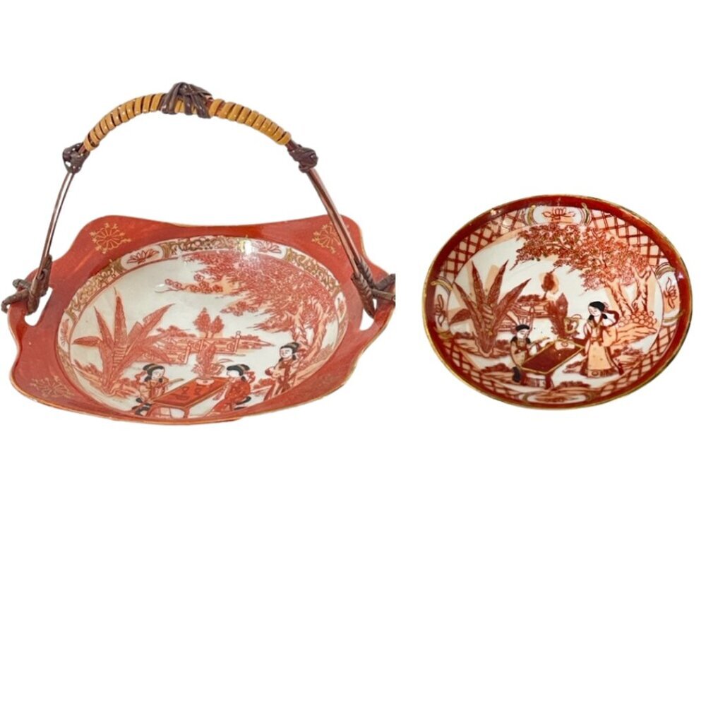 Antique Nippon Tokusei serving basket and small plate, from early 1900's